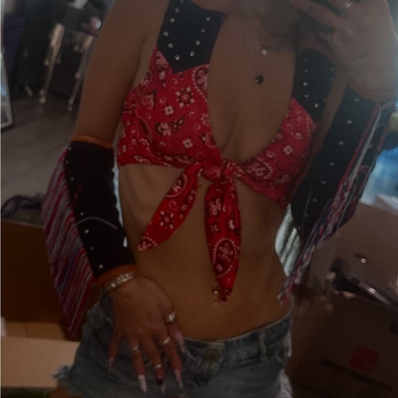 Dolls Kill Red Bandana Cowgirl Chaps Set with Navy Accents - Picture 2 of 2